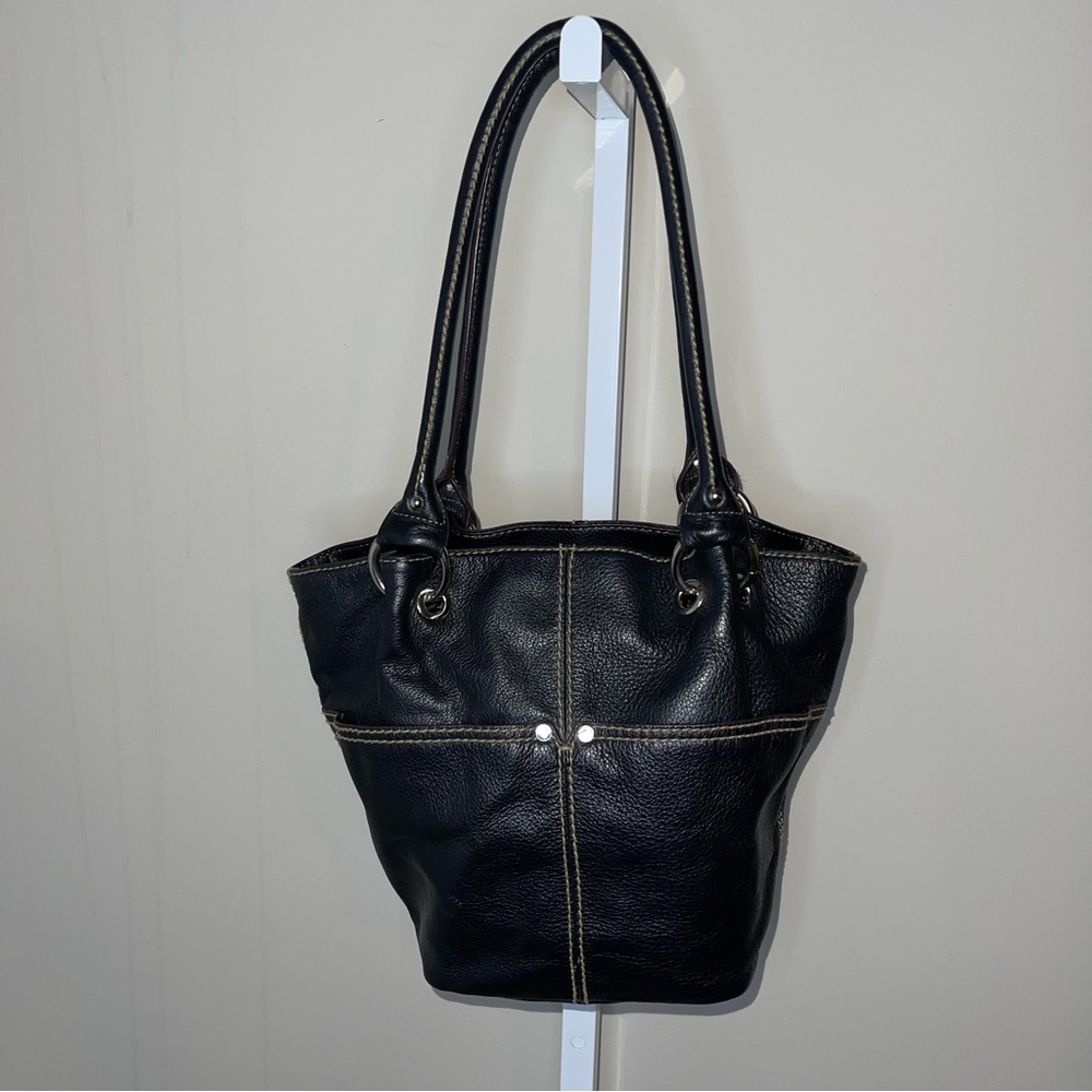 Tignanello Black Pebbled Leather Tote Shoulder Bag Contrast Stitching